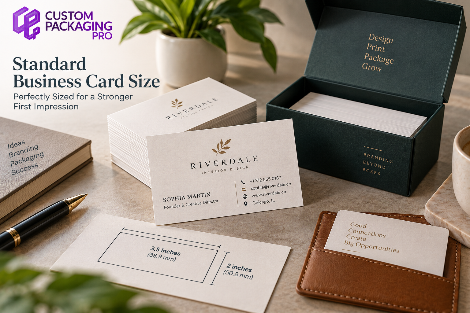 Standard business card size showing 3.5 x 2 inches and 88.9 x 50.8 mm dimensions with printed cards and business card box Standard business card size showing 3.5 x 2 inches and 88.9 x 50.8 mm dimensions with printed cards and business card box