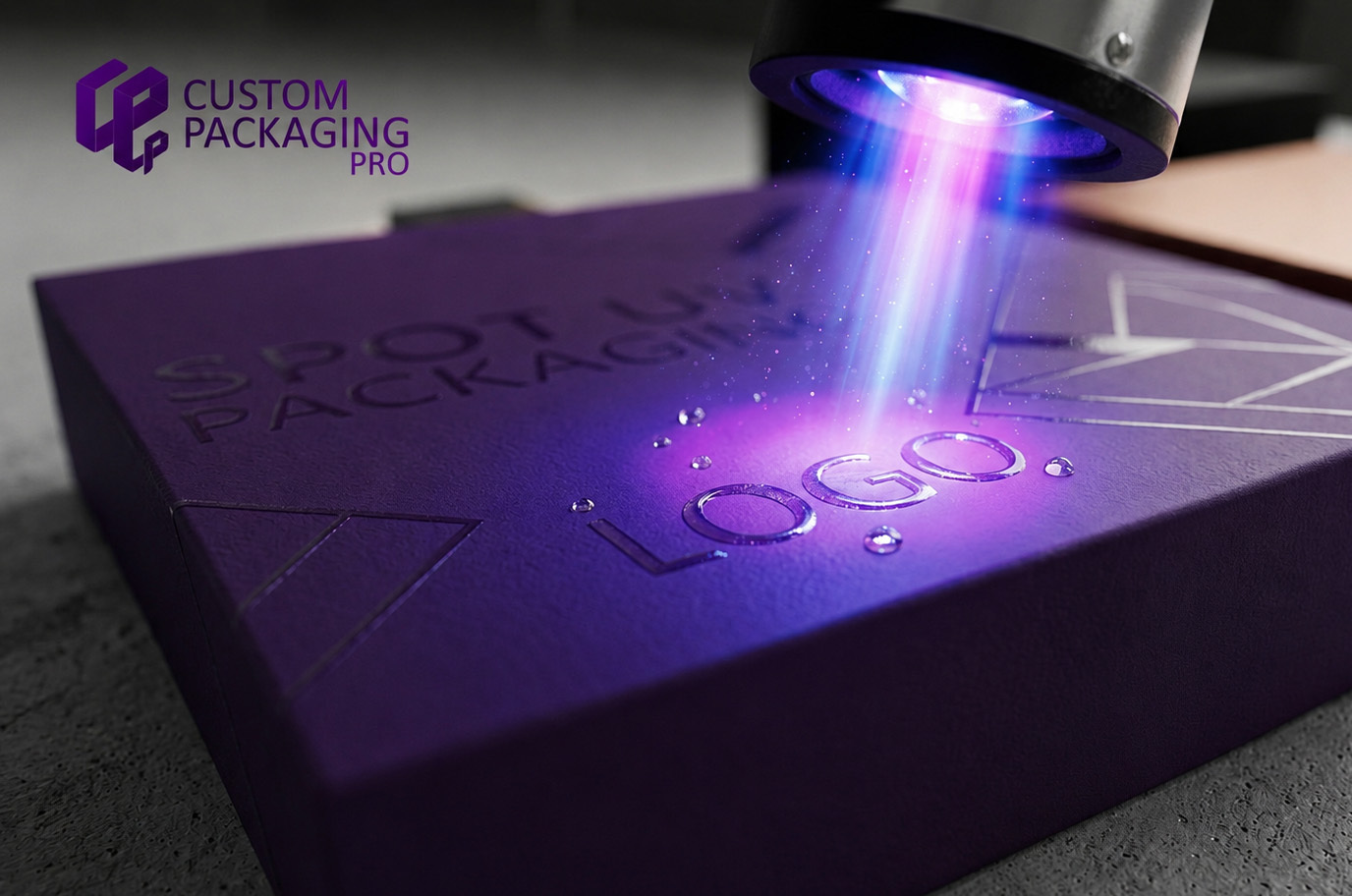 Macro close-up of UV light curing high-gloss spot UV varnish on a purple Custom Packaging Pro box