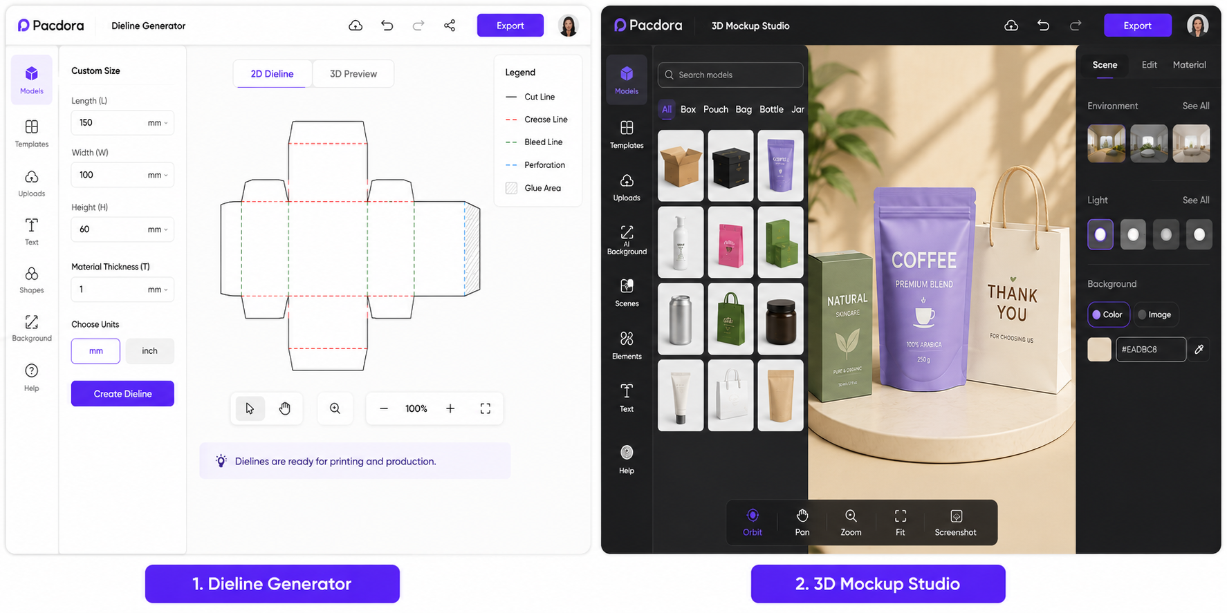 Pacdora dieline template generator showing box dimensions, AI, PDF, and DXF export formats