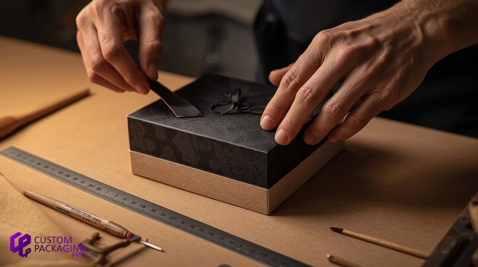Skilled worker manufacturing premium rigid packaging boxes using chipboard wrapping and custom luxury box production techniques