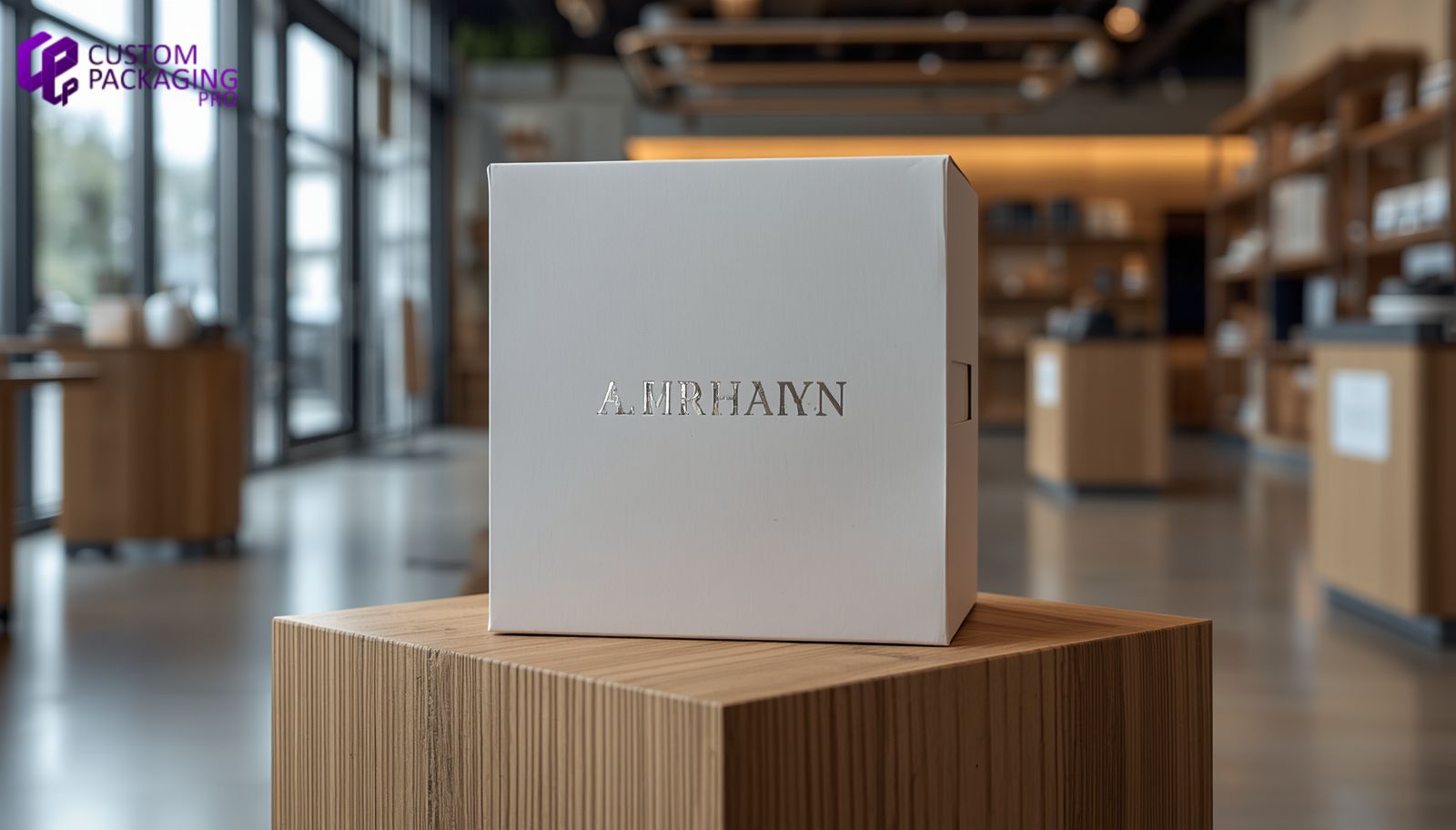 Finished custom luxury rigid gift box featuring silver foil stamped typography on a retail display Finished custom luxury rigid gift box featuring silver foil stamped typography on a retail display
