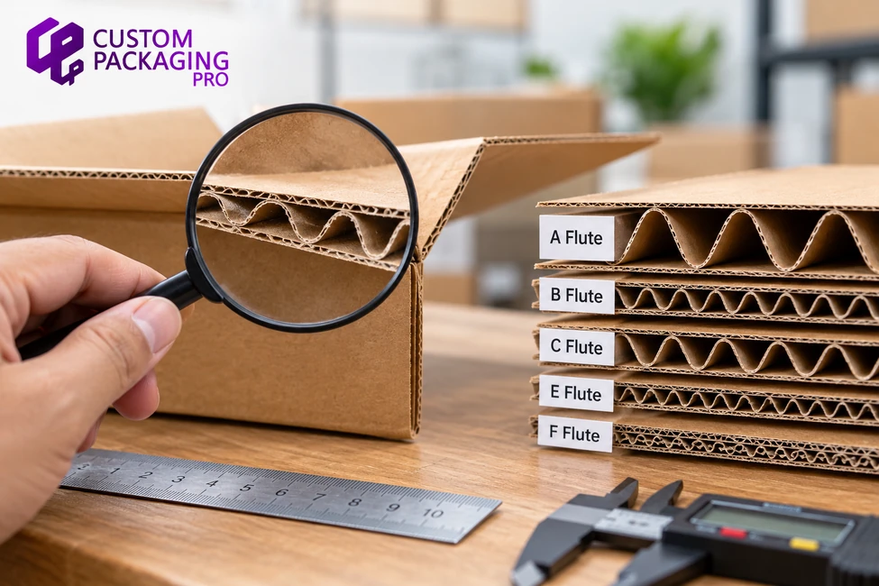 How to identify corrugated box flute types by examining cardboard edges, comparing A, B, C, E and F flutes, and measuring board thickness with a ruler and caliper.