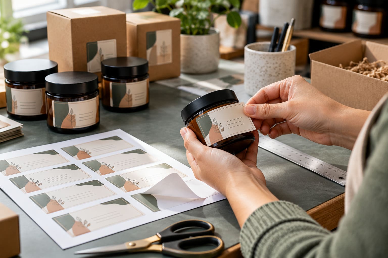 Sheet labels being manually applied to product packaging for small-batch labeling