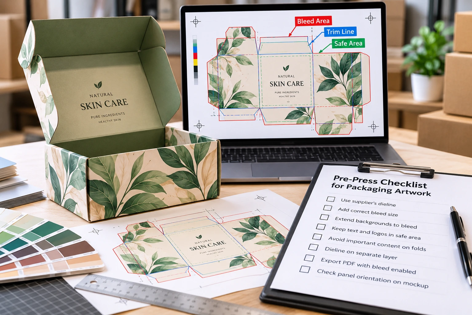 Pre-press packaging artwork checklist with custom printed box, dieline template, bleed area, trim line, and safe area.