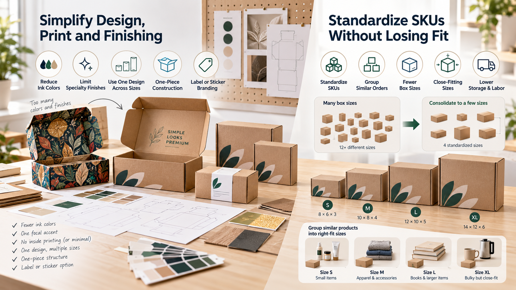 Packaging cost reduction strategies showing simplified box printing, fewer ink colors, and standardized packaging sizes for better fit and lower costs.