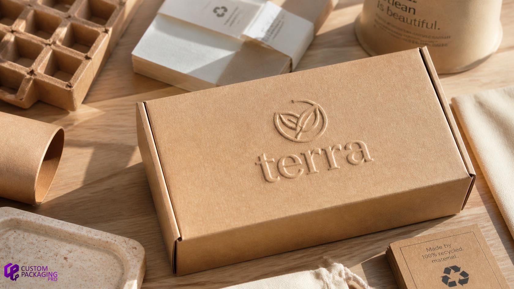 Eco-friendly recycled kraft paper box with blind embossed logo texture Eco-friendly recycled kraft paper box with blind embossed logo texture