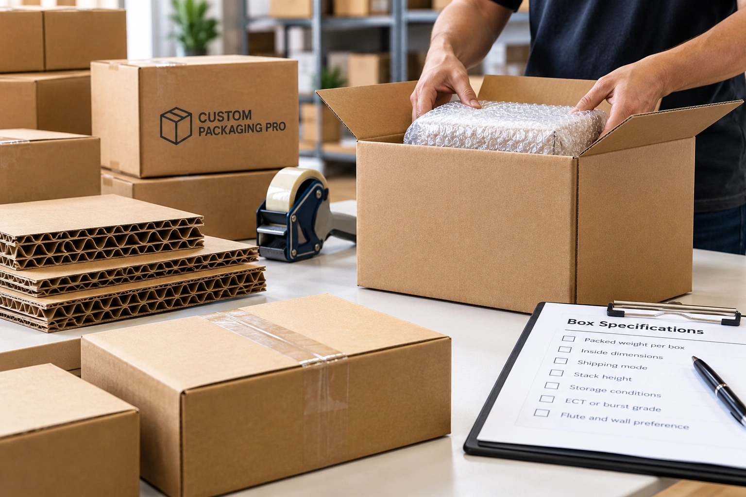 Worker packing a custom corrugated shipping box with protective wrapping, cardboard flute samples, and box strength specifications.