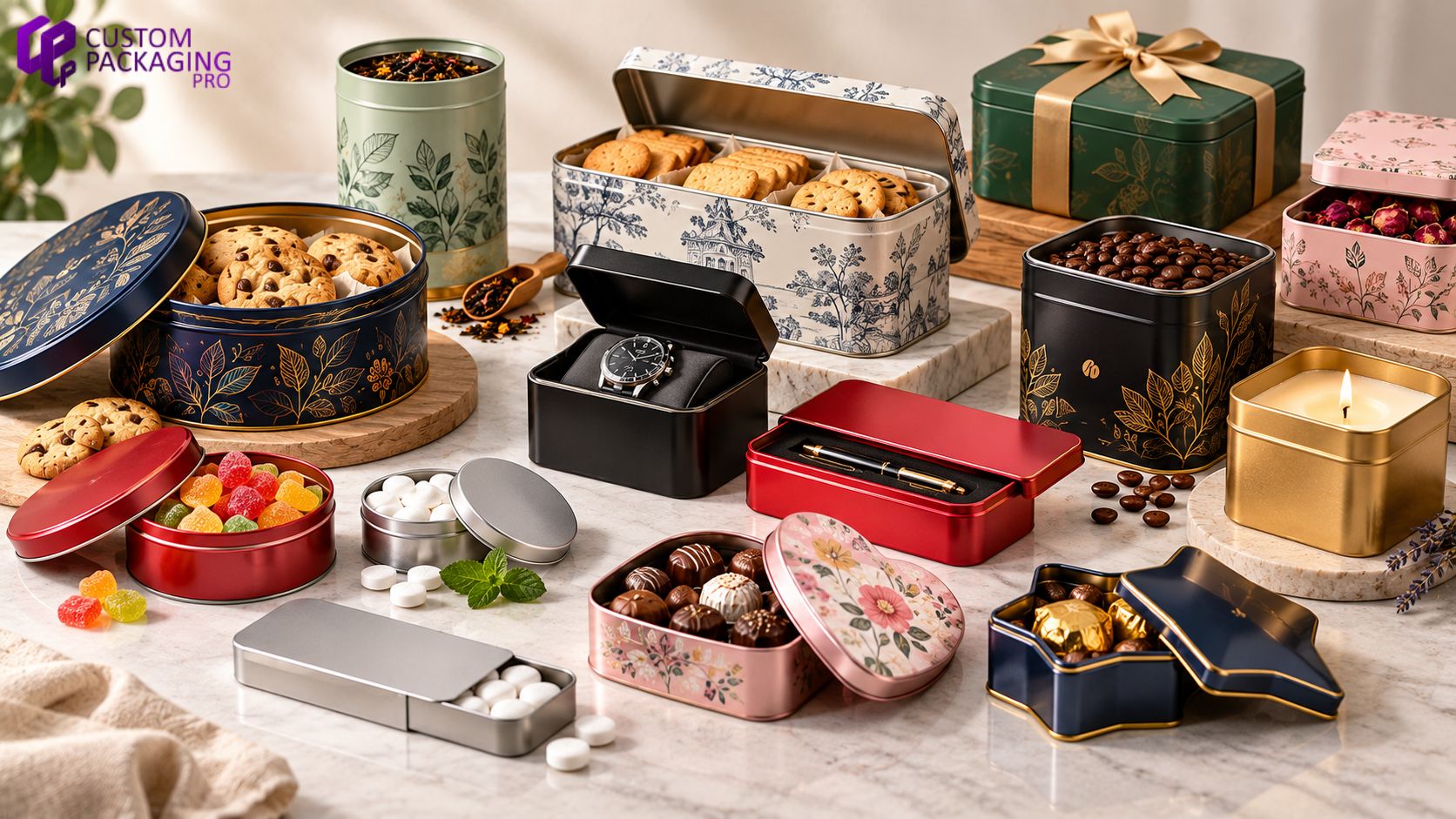 Variety of custom tin packaging in round, rectangular, hinged, and specialty shapes holding cookies, tea, coffee, candy, chocolate, and candles