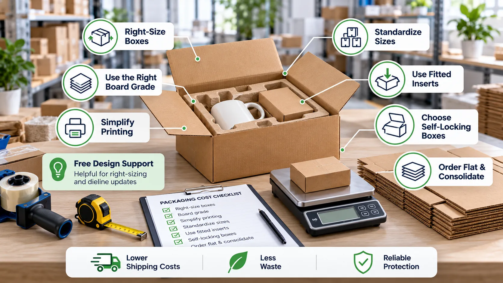 Packaging cost reduction checklist showing right-sized boxes, fitted inserts, simplified printing, standardized sizes, and lower shipping costs.