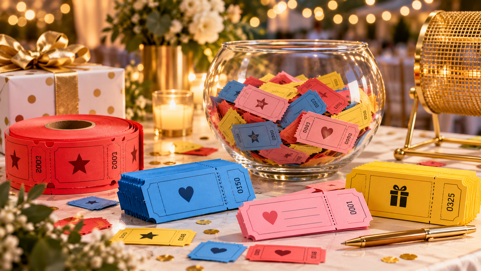 Colorful raffle ticket rolls, numbered ticket sheets, raffle entries, and drawing drum arranged for a fundraising event