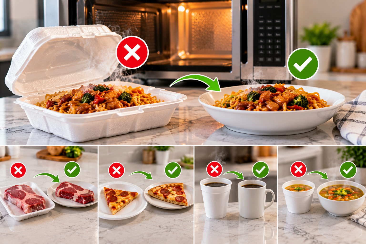 Styrofoam takeout box and food containers compared with microwave-safe ceramic plates, cups, and bowls for reheating food.