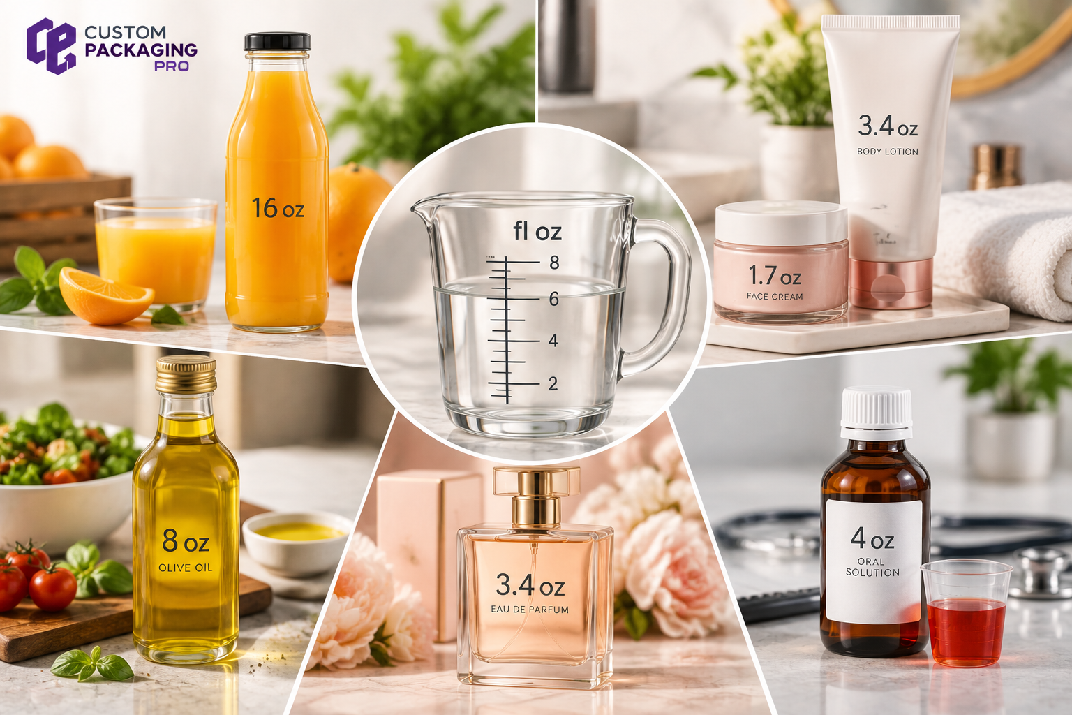 Ounces measurement guide showing fluid ounce conversions across beverage, cosmetic, fragrance, food, and healthcare products