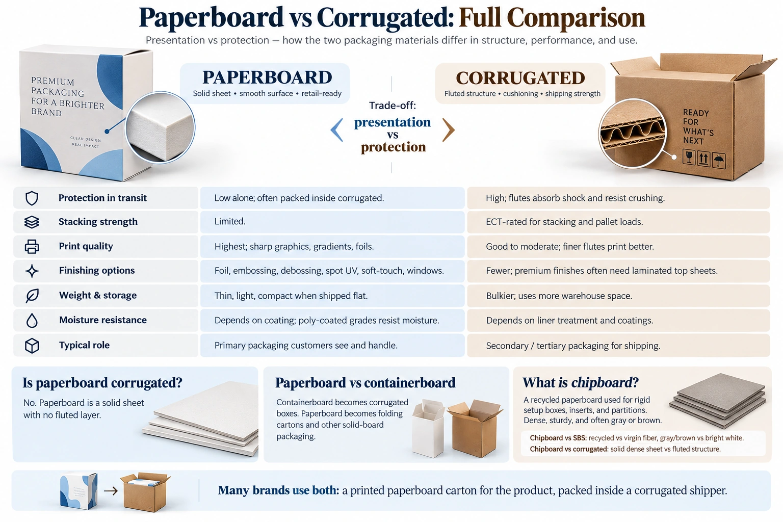 Paperboard vs corrugated cardboard comparison showing differences in packaging strength, print quality, finishing, moisture resistance, and uses, including chipboard and containerboard.