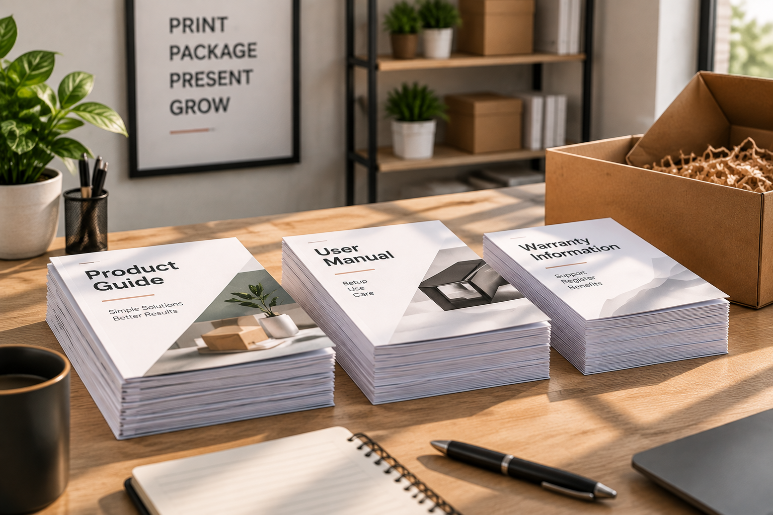 Collated printing workflow showing organized product manuals, warranty sheets, and packaging documents on a workspace