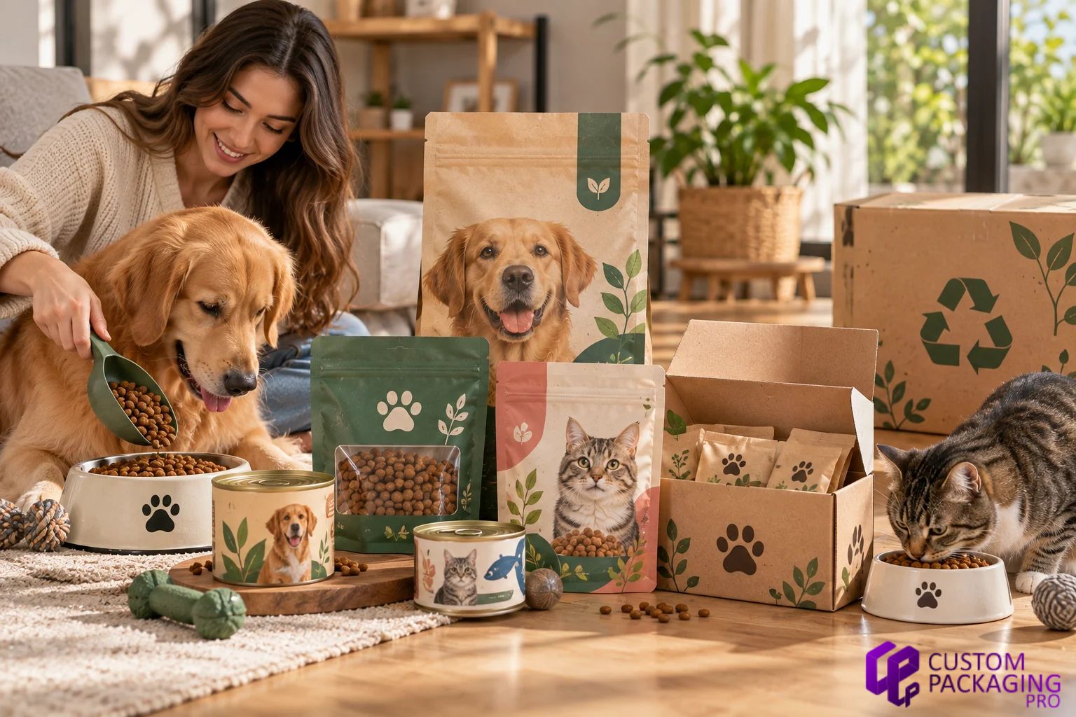 Sustainable pet food packaging displayed with dog and cat food bags, pouches, tins, recyclable boxes, and pet feeding products in a home setting