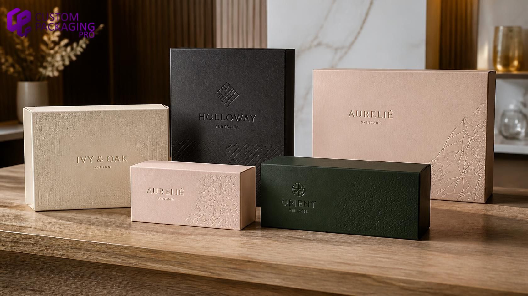 Collection of custom debossed packaging boxes in various colors showing minimalist luxury design Collection of custom debossed packaging boxes in various colors showing minimalist luxury design