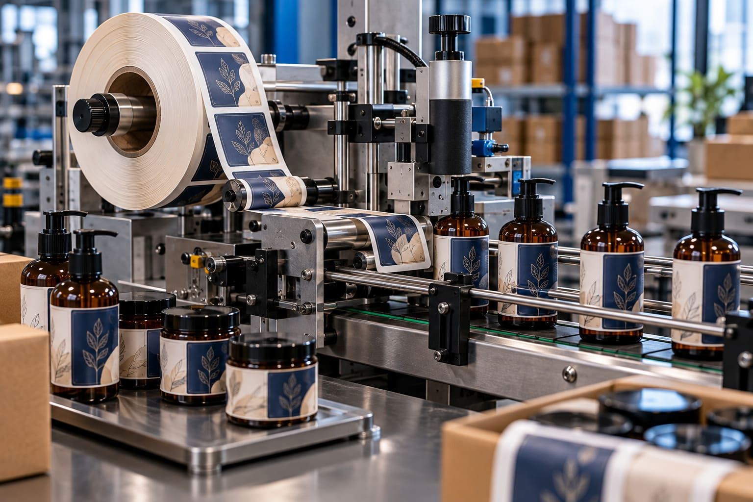 Roll labels being applied to product containers using an automated labeling machine