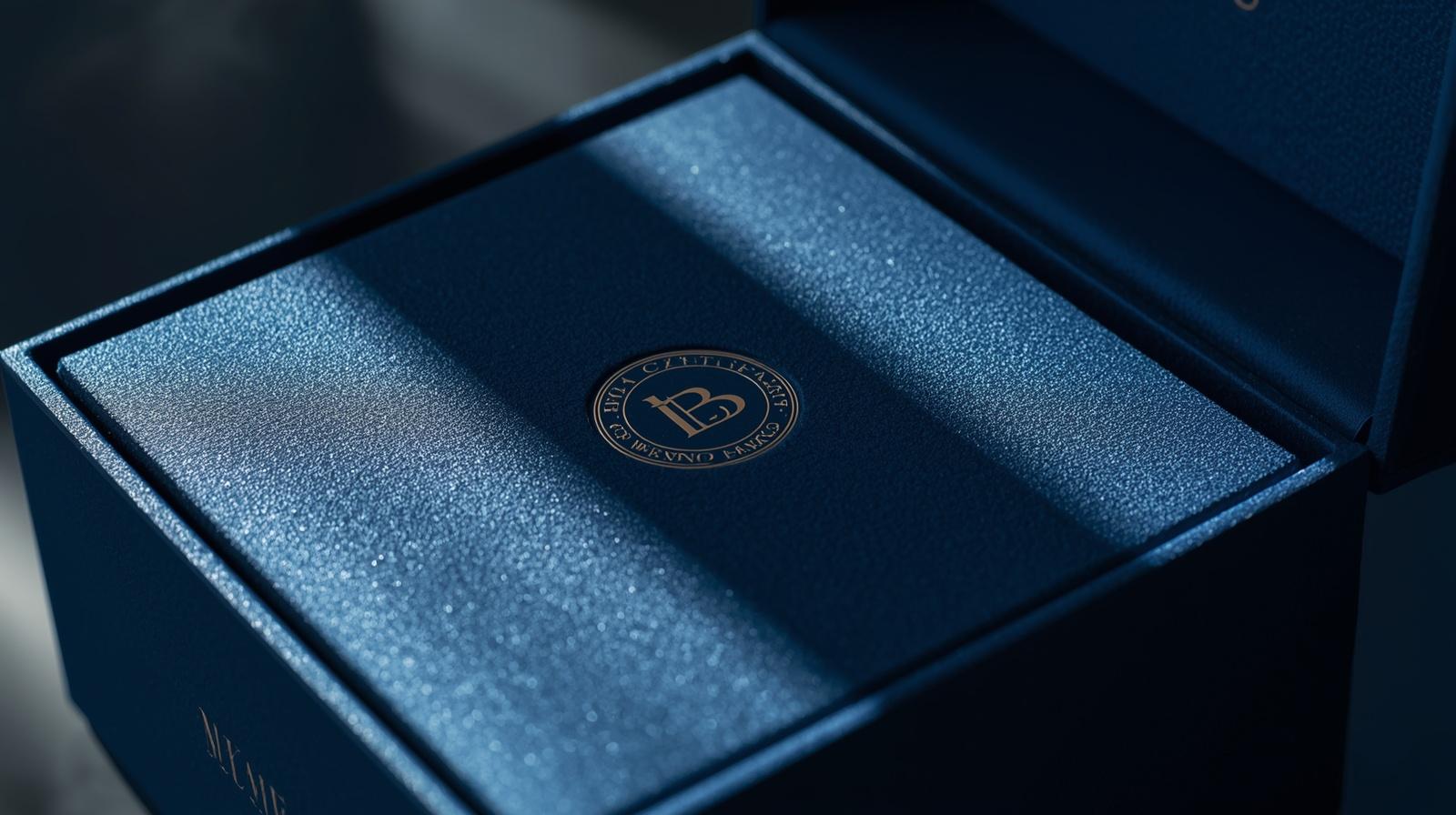 custom packaging box with a deep navy blue, premium matte finish