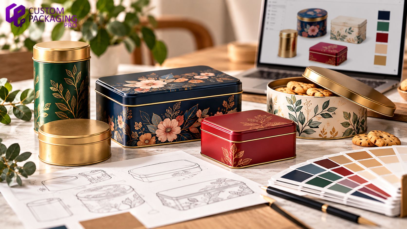 Custom tin packaging design workspace featuring printed metal tins, packaging sketches, color swatches, and product mockups