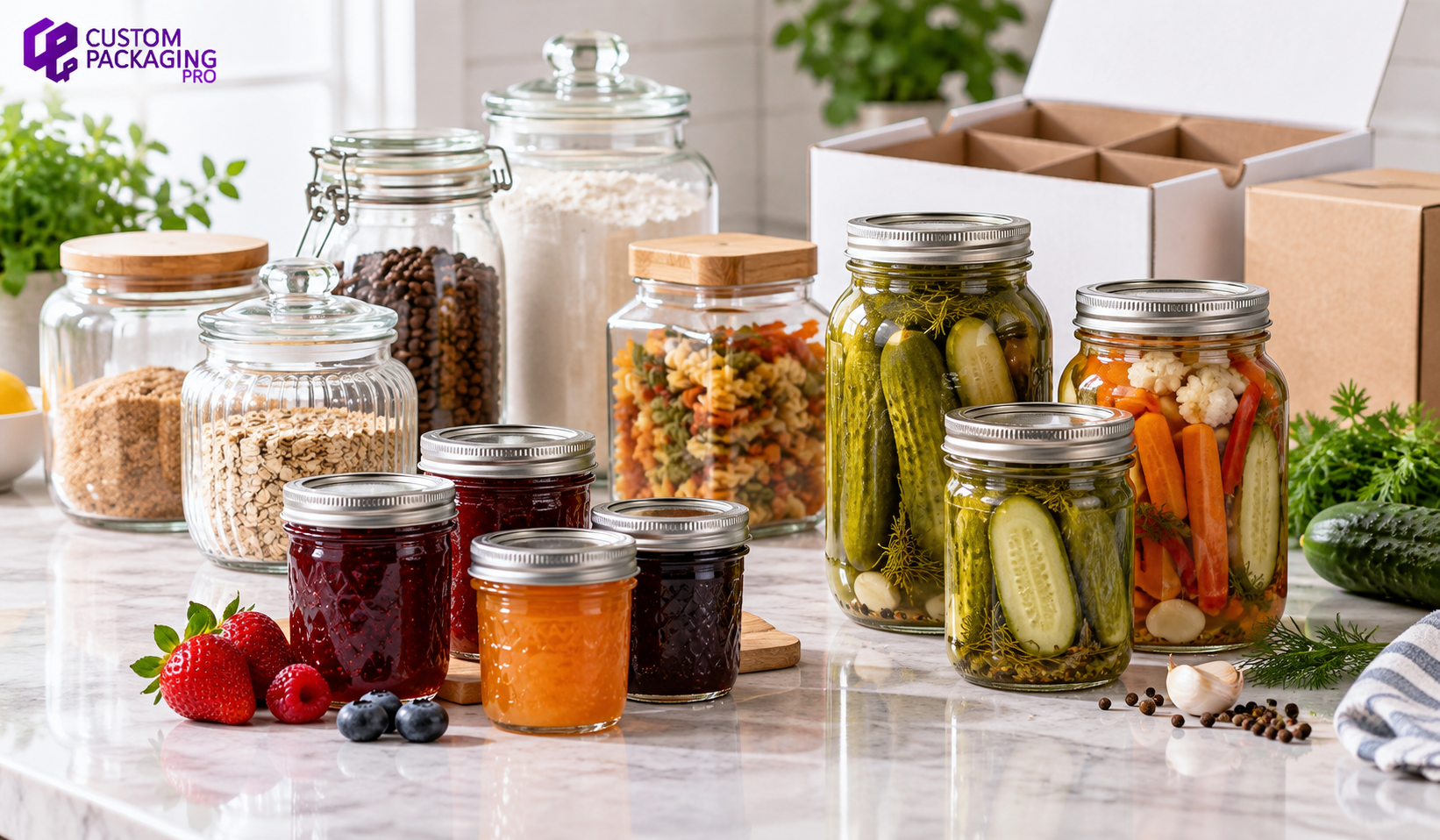 Canning jars, jam jars, and pickling jars in different sizes displayed with food products and custom packaging boxes Canning jars, jam jars, and pickling jars in different sizes displayed with food products and custom packaging boxes