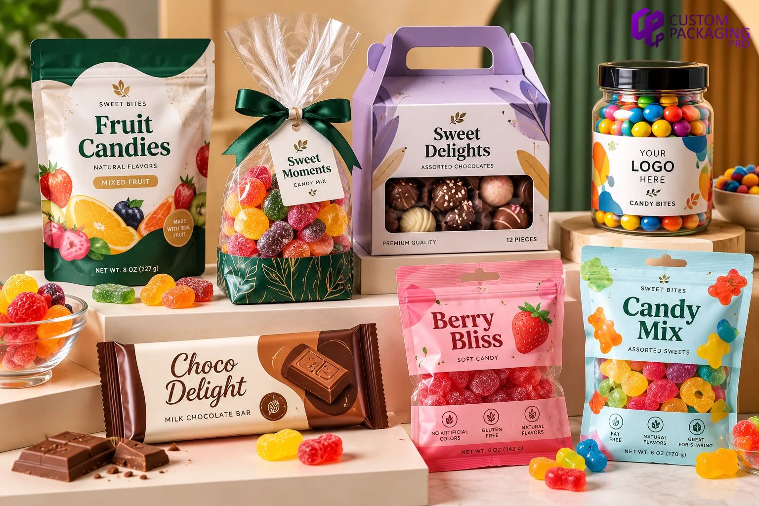 Custom candy packaging display with colorful candy bags, chocolate bar wrappers, gift box, candy jar, and assorted sweets for retail products
