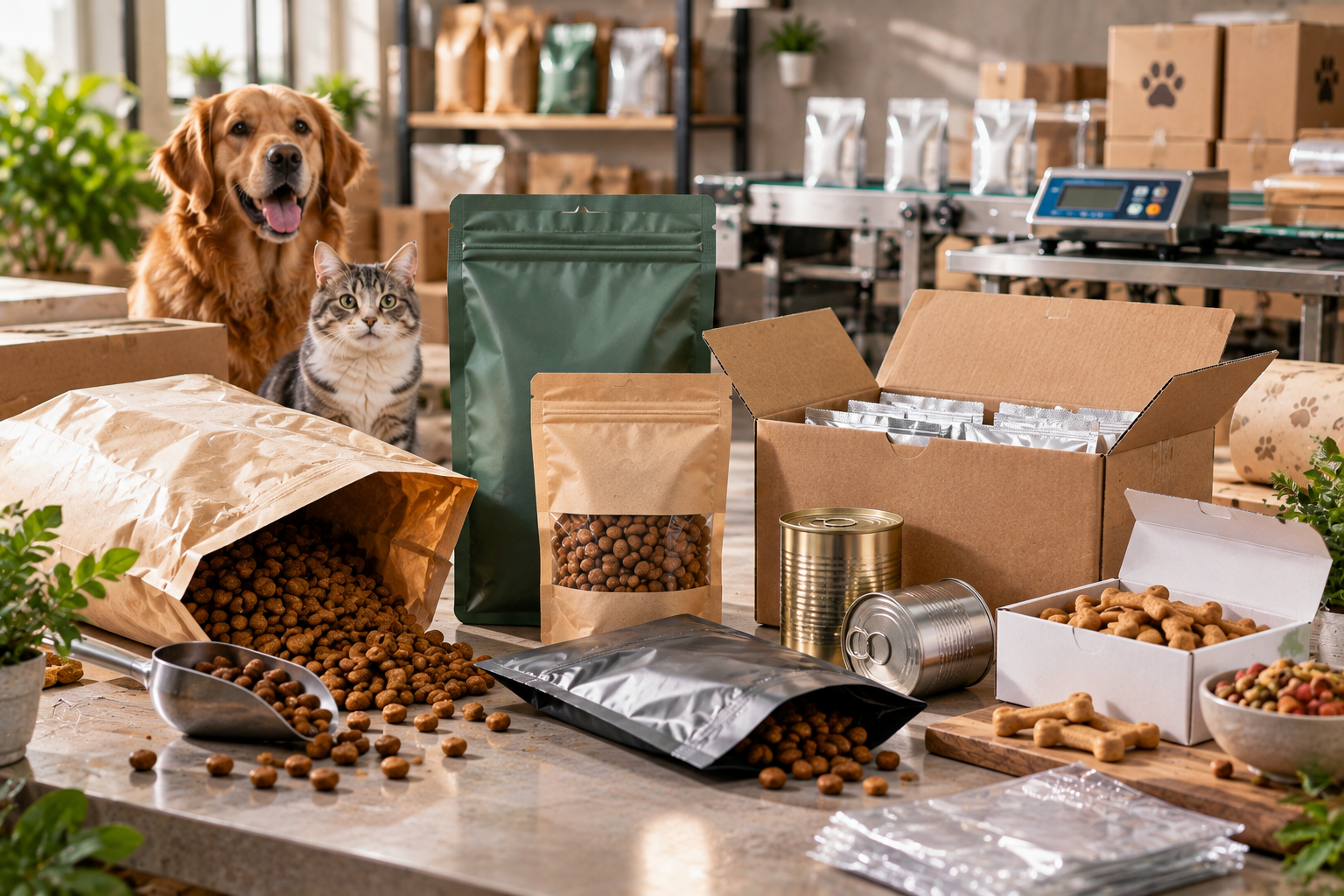 Pet food packaging production scene with empty bags, pouches, boxes, tins, dry kibble, and dog and cat products in a modern facility